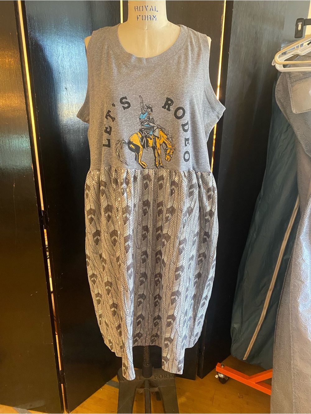 OOAK Upcycled Grey 'Let's Rodeo' Sleeveless Dress w/ silver feather motif skir